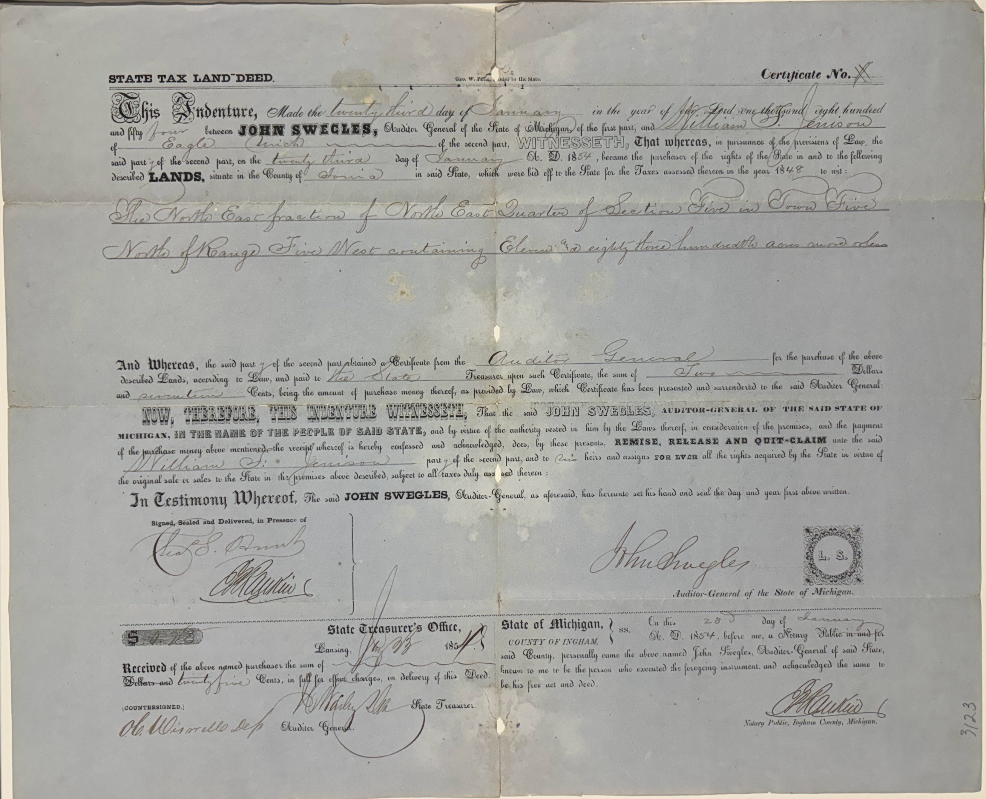 State Tax Land Deed Issued by Auditor General John Swegles for Land in Ionia County, Michigan