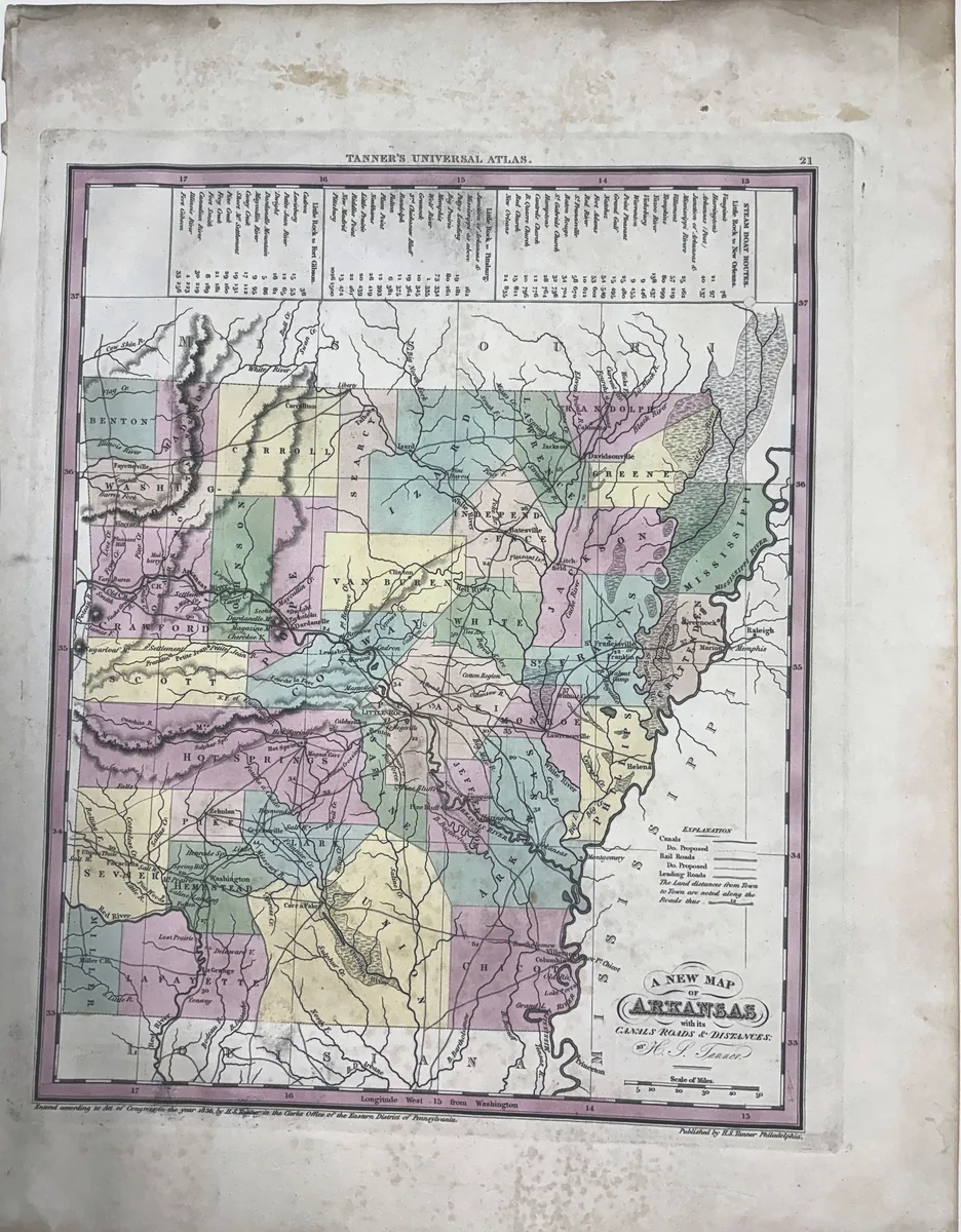 A NEW MAP OF ARKANSAS with its CANALS ROADS & DISTANCES