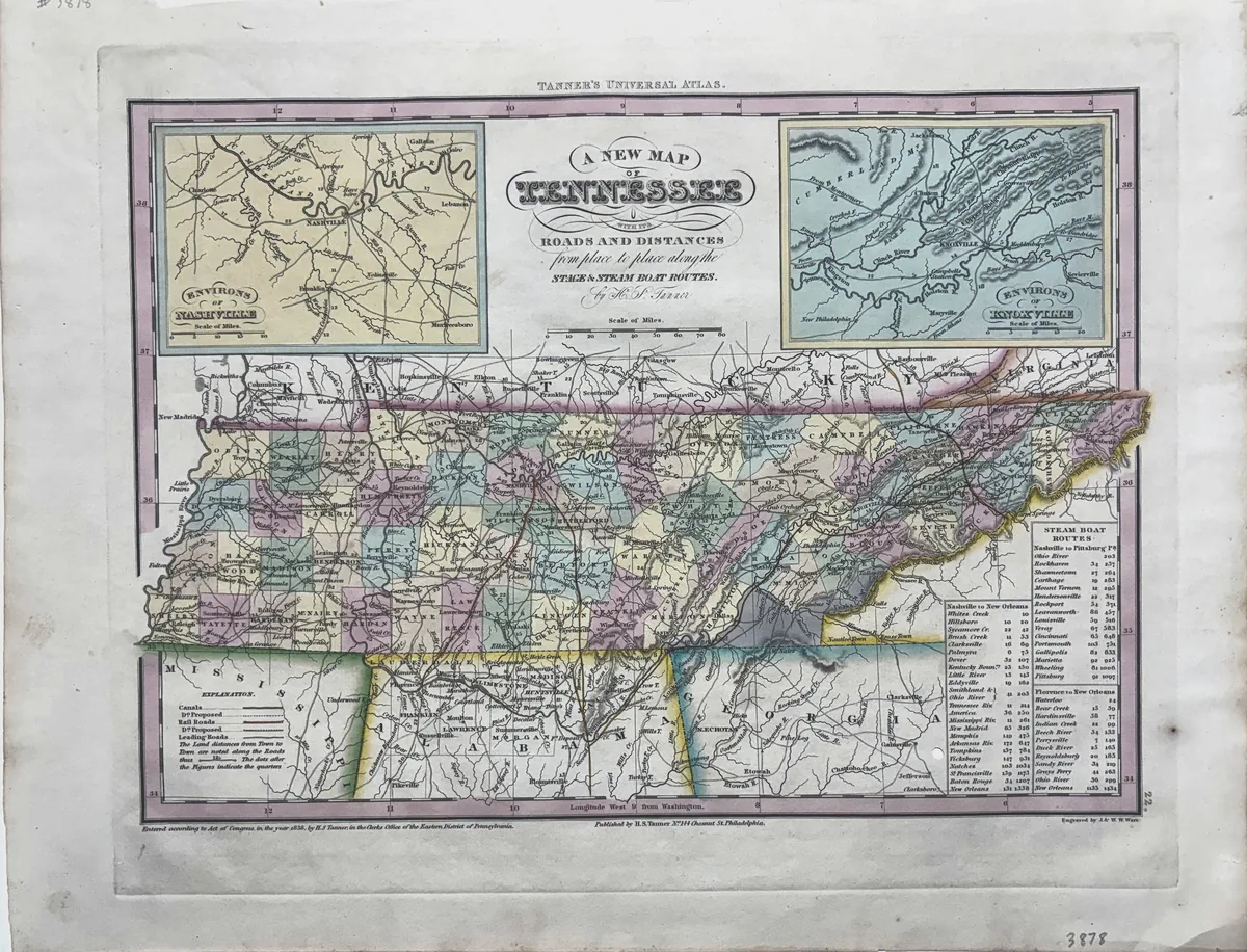 A New Map of Tennessee with its Roads and Distances from place to place along the Stage & Steam Boat Routes