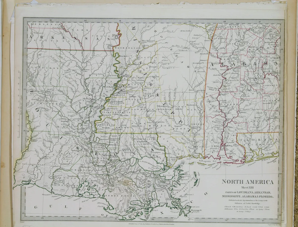 NORTH AMERICA Sheet XIII PARTS OF LOUISIANA, ARKANSAS, MISSISSIPPI, ALABAMA & FLORIDA