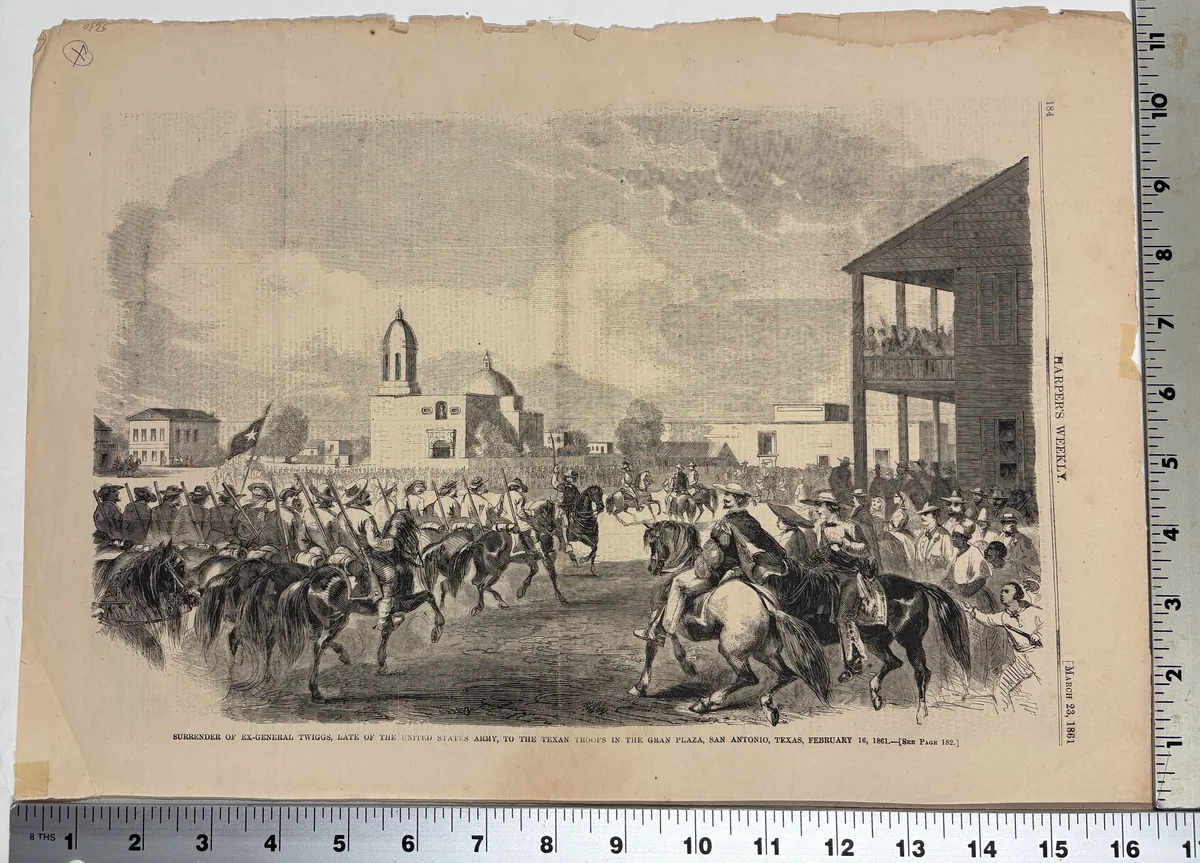 SURRENDER OF EX-GENERAL TWIGGS, LATE OF THE UNITED STATES ARMY, TO THE TEXAN TROOPS IN THE GRAN PLAZA, SAN ANTONIO, TEXAS, FEBRUARY 16, 1861